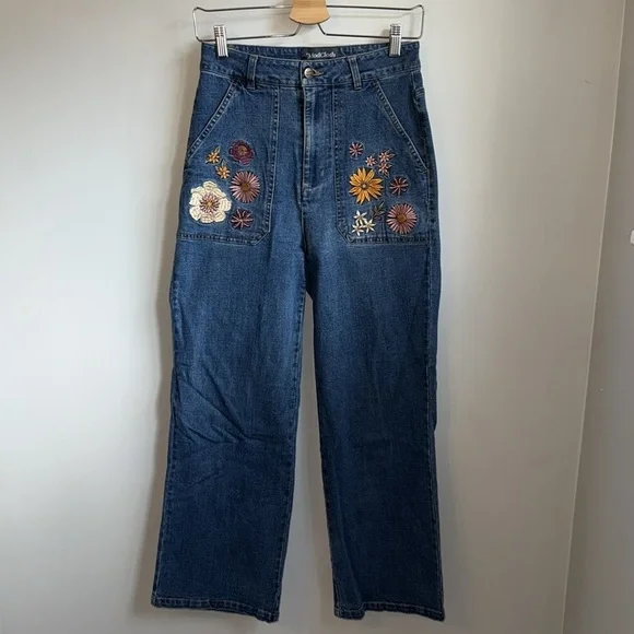 ModCloth x Princess Highway Floral Embroidered Wide-Leg Jeans SZ 8 - Picture 5 of 8